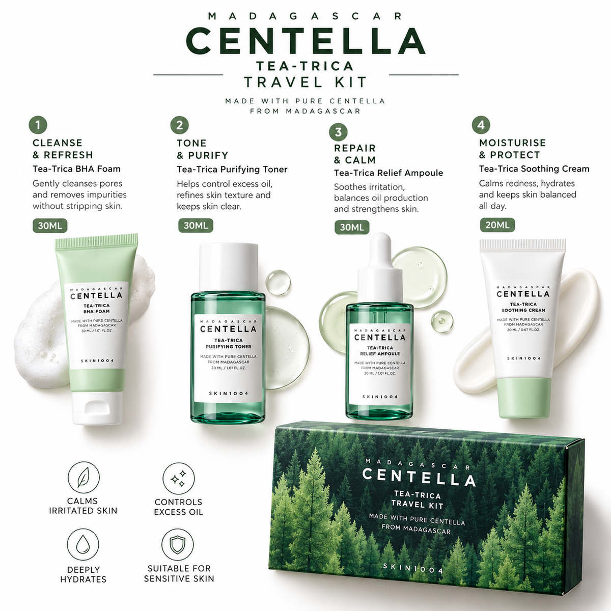 Madagascar Centella Tea-Trica Travel Kit - products fanned out with box